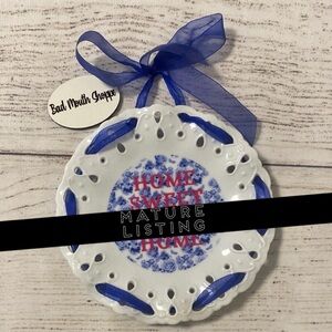 Home Sweet F*cking Home Upcycled Blue Floral Display Plate Art